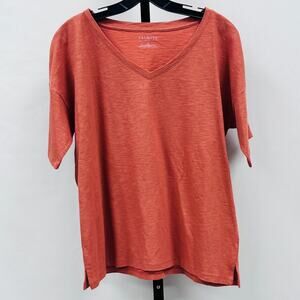 Talbots Solid Color Women Large Petite Short Sleeve Top T Shirt Rust V Neck